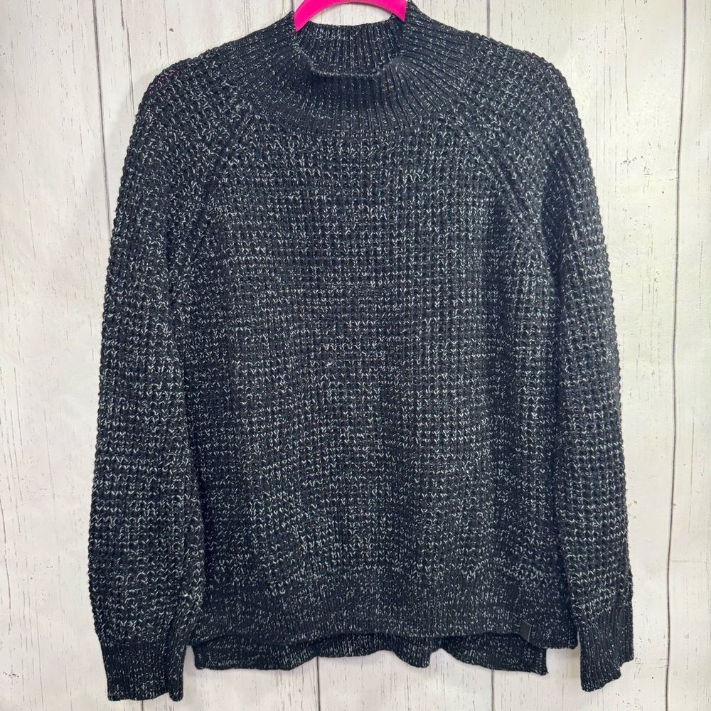 Roots Black Marled Knit Sweater Chunky Cotton Blend Crewneck Pullover Cabincore